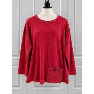 Jess & Jane Tunic Top Red Cotton Slub Knit Pocket Mineral Wash Lagenlook Size M